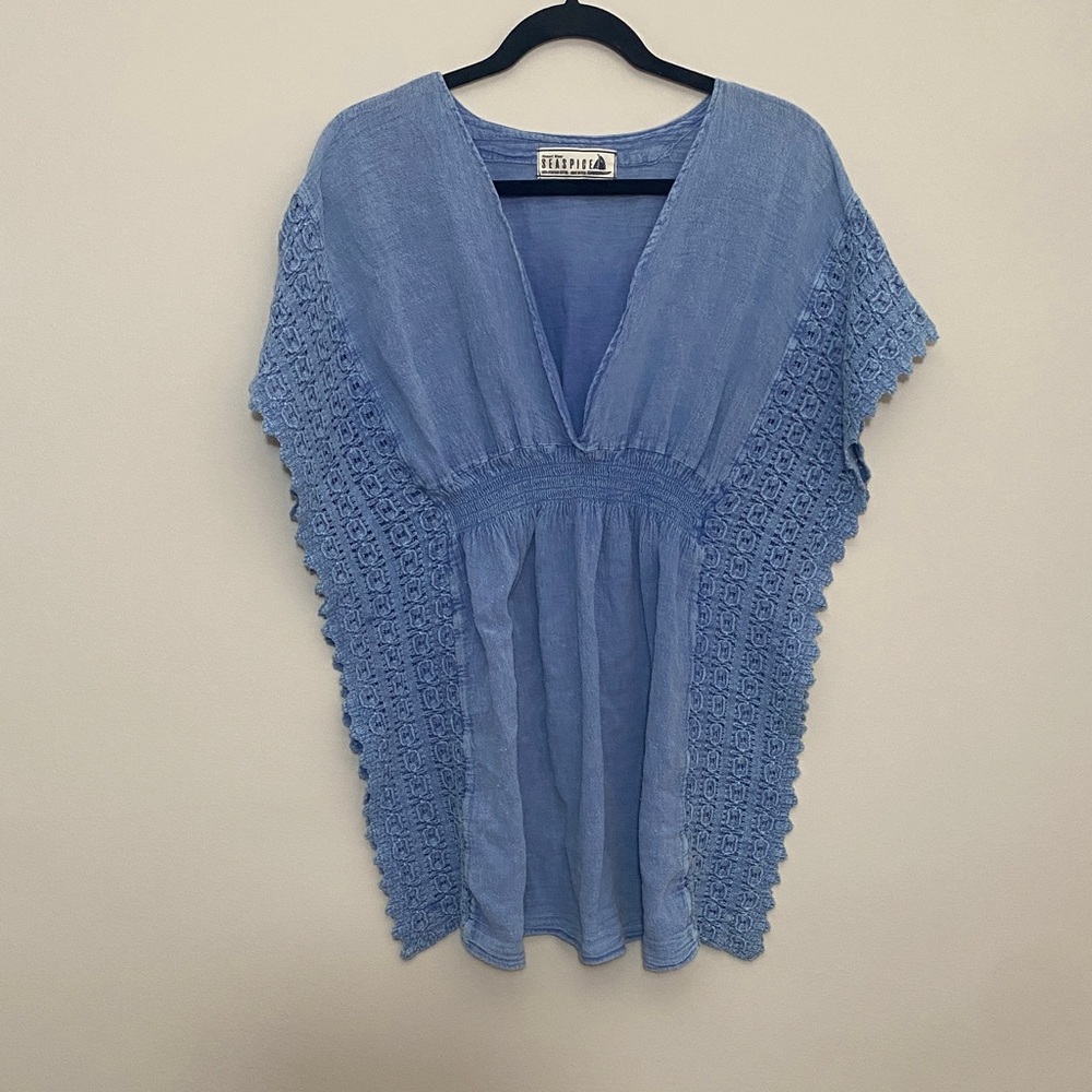 Seaspice 100% Peruvian Cotton Light Blue Swim Coverup with Crochet Detailing